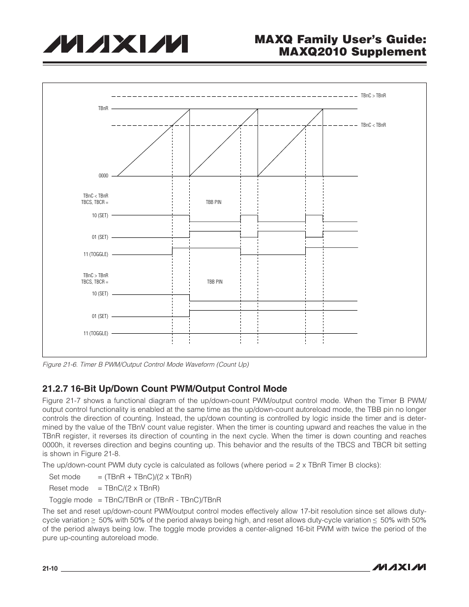 7 16-bit up/down count pwm/output control mode, 7 16-bit up/down count pwm/output control mode -10, Maxq family user’s guide: maxq2010 supplement | Maxim Integrated MAXQ Family Users Guide: MAXQ2010 Supplement User Manual | Page 121 / 147