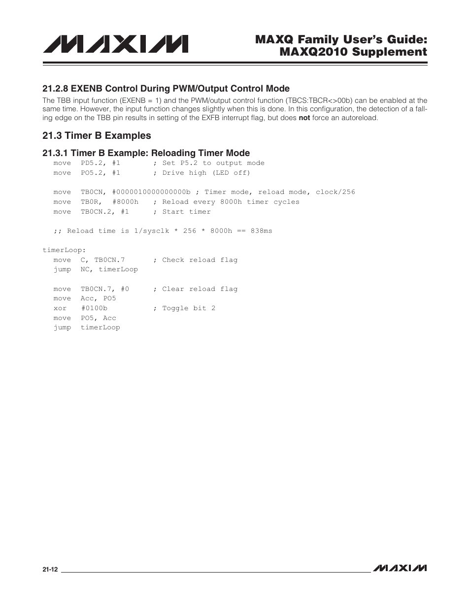 8 exenb control during pwm/output control mode, 3 timer b examples, 1 timer b example: reloading timer mode | 8 exenb control during pwm/output control mode -12, 3 timer b examples -12, 1 timer b example: reloading timer mode -12, Maxq family user’s guide: maxq2010 supplement | Maxim Integrated MAXQ Family Users Guide: MAXQ2010 Supplement User Manual | Page 123 / 147