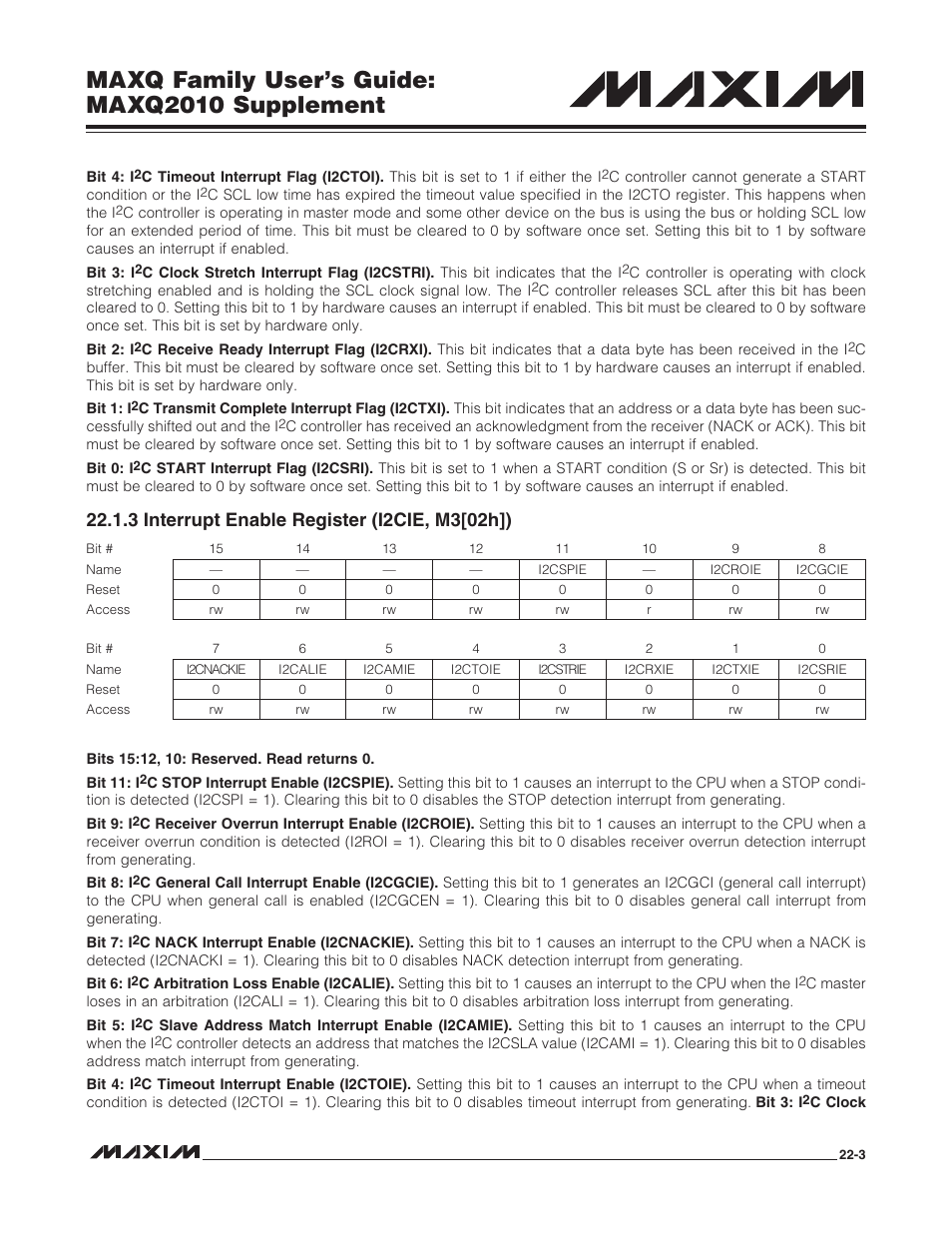 3 interrupt enable register (i2cie, m3[02h]), 3 interrupt enable register (i2cie, m3[02h]) -3, Maxq family user’s guide: maxq2010 supplement | Maxim Integrated MAXQ Family Users Guide: MAXQ2010 Supplement User Manual | Page 126 / 147