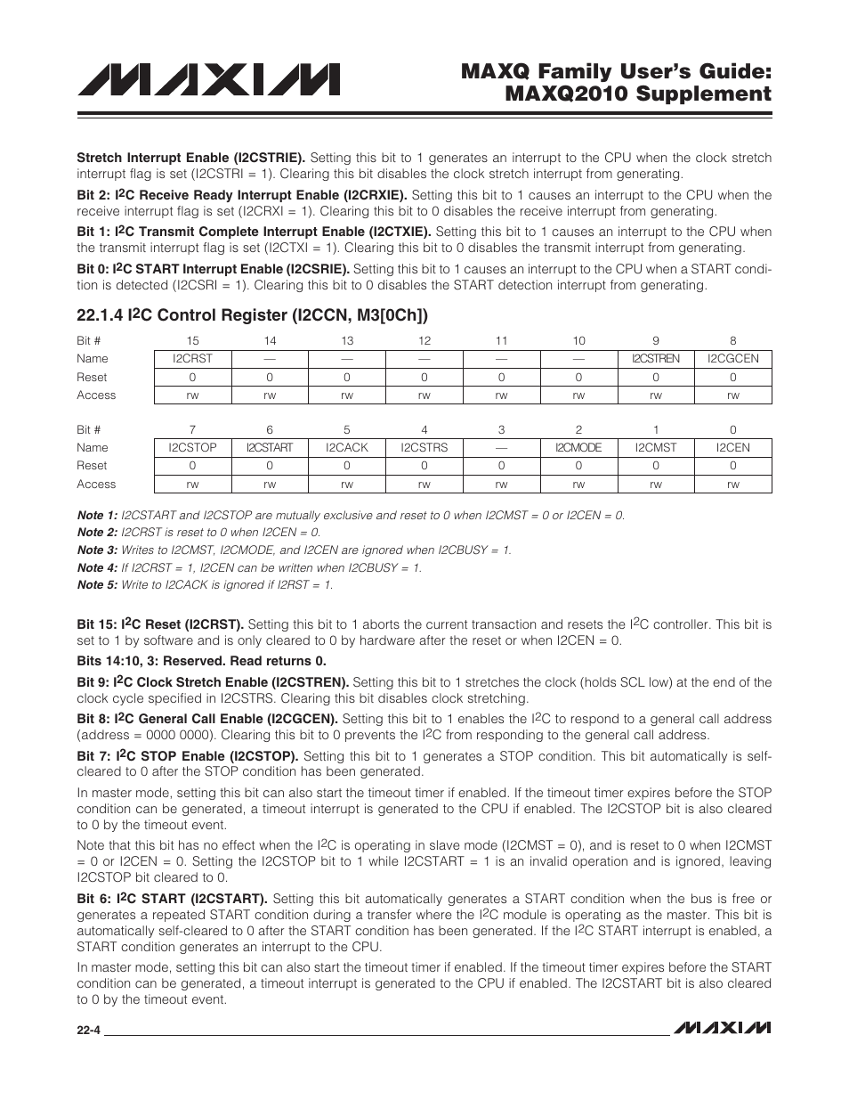 4 i2c control register (i2ccn, m3[0ch]), C control register (i2ccn, m3[0ch]) -4, Maxq family user’s guide: maxq2010 supplement | C control register (i2ccn, m3[0ch]) | Maxim Integrated MAXQ Family Users Guide: MAXQ2010 Supplement User Manual | Page 127 / 147