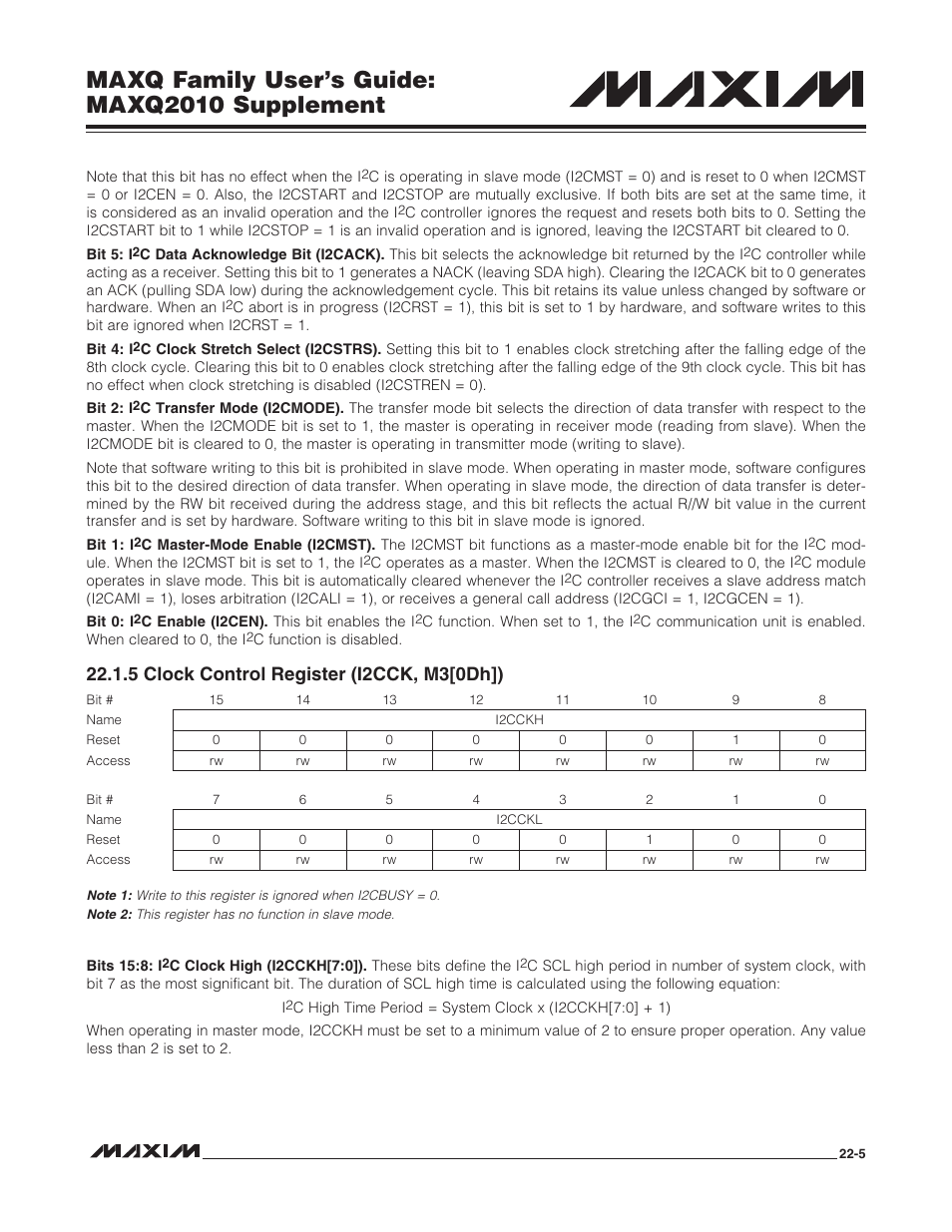 5 clock control register (i2cck, m3[0dh]), 5 clock control register (i2cck, m3[0dh]) -5, Maxq family user’s guide: maxq2010 supplement | Maxim Integrated MAXQ Family Users Guide: MAXQ2010 Supplement User Manual | Page 128 / 147