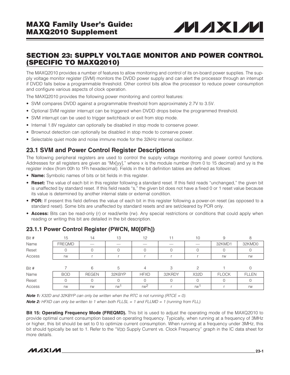 1 svm and power control register descriptions, 1 power control register (pwcn, m0[0fh]), 1 svm and power control register descriptions -1 | 1 power control register (pwcn, m0[0fh]) -1, Maxq family user’s guide: maxq2010 supplement | Maxim Integrated MAXQ Family Users Guide: MAXQ2010 Supplement User Manual | Page 132 / 147