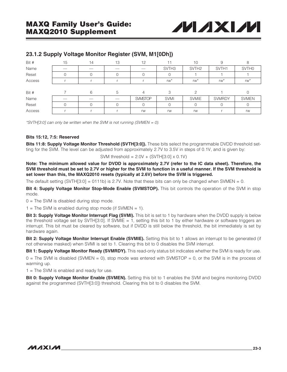 2 supply voltage monitor register (svm, m1[0dh]), Maxq family user’s guide: maxq2010 supplement | Maxim Integrated MAXQ Family Users Guide: MAXQ2010 Supplement User Manual | Page 134 / 147