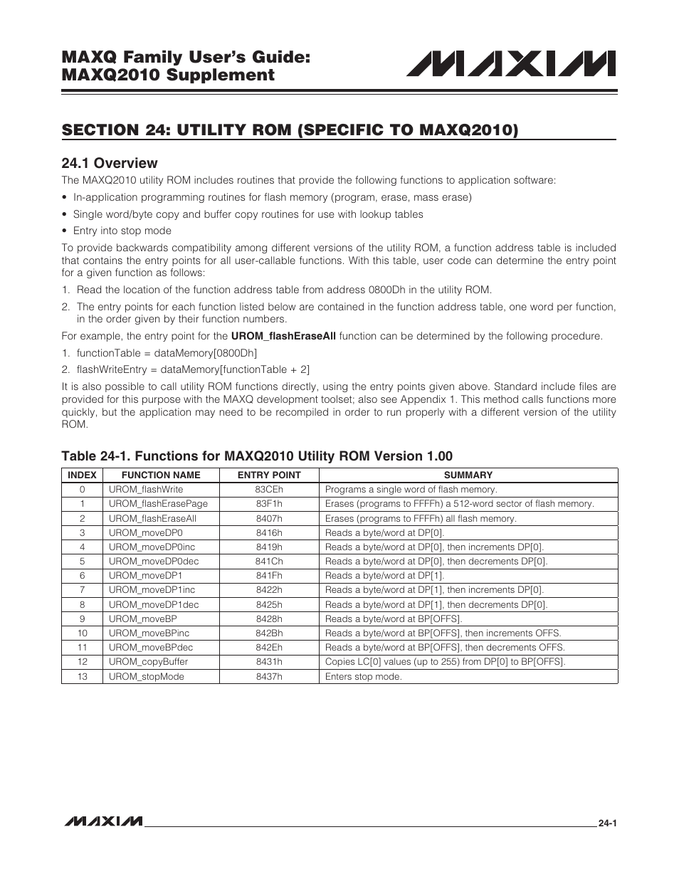 Section 24: utility rom (specific to maxq2010), 1 overview, 1 overview -1 | Maxq family user’s guide: maxq2010 supplement | Maxim Integrated MAXQ Family Users Guide: MAXQ2010 Supplement User Manual | Page 135 / 147