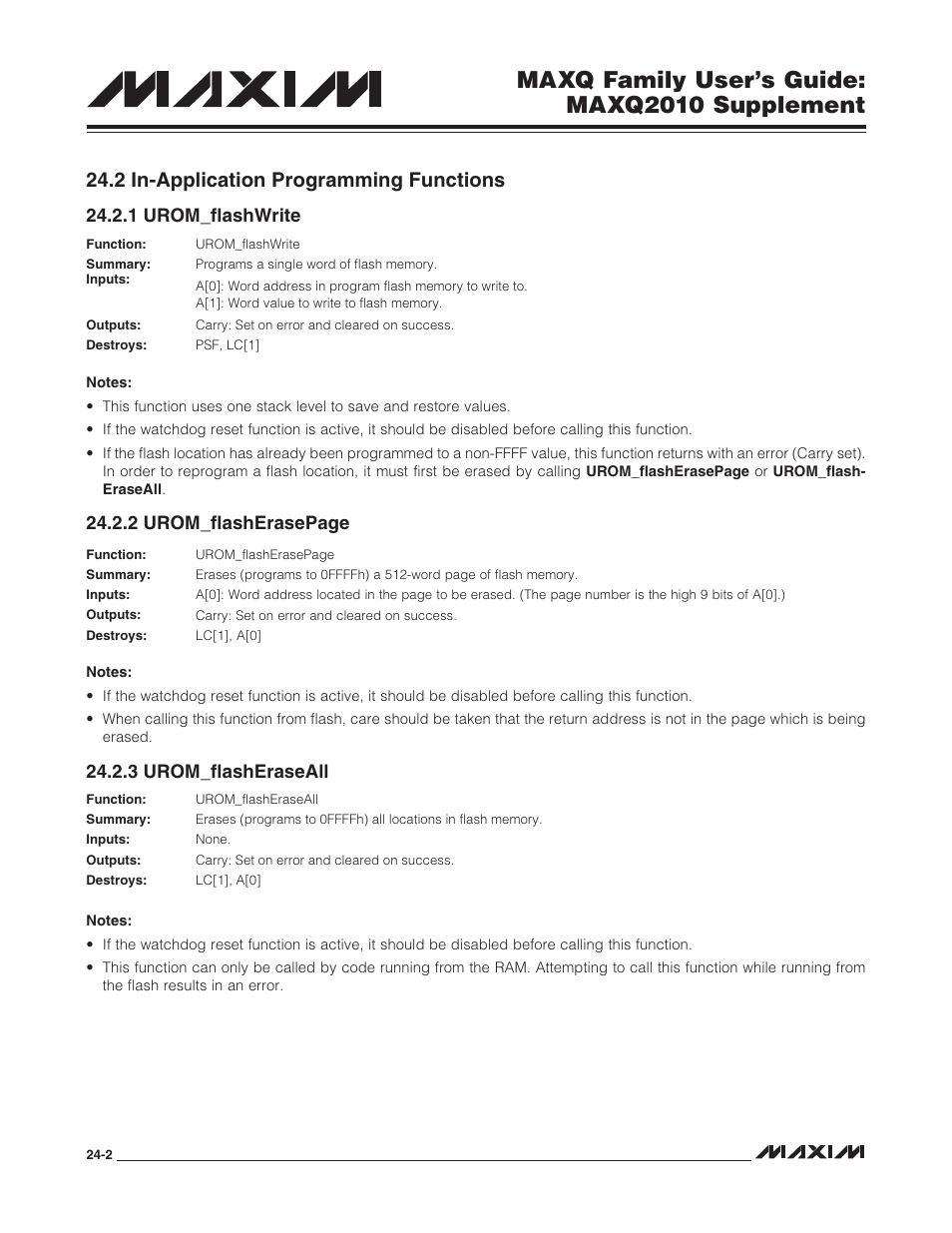 2 in-application programming functions, 1 urom_flashwrite, 3 urom_flasheraseall | 2 in-application programming functions -2, Maxq family user’s guide: maxq2010 supplement, 2 urom_flasherasepage | Maxim Integrated MAXQ Family Users Guide: MAXQ2010 Supplement User Manual | Page 136 / 147