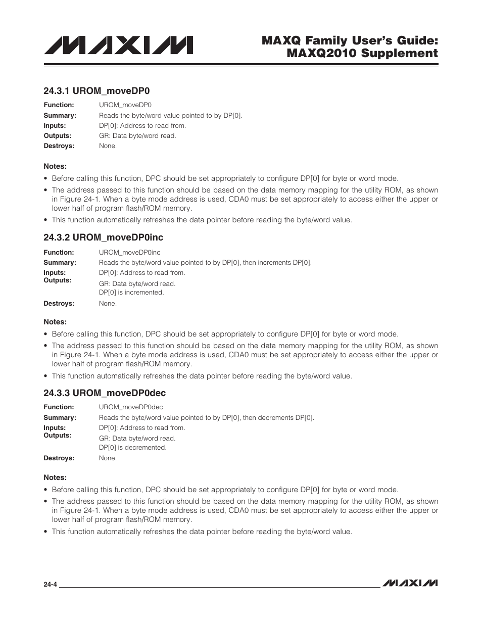1 urom_movedp0, 2 urom_movedp0inc, 3 urom_movedp0dec | Maxq family user’s guide: maxq2010 supplement | Maxim Integrated MAXQ Family Users Guide: MAXQ2010 Supplement User Manual | Page 138 / 147