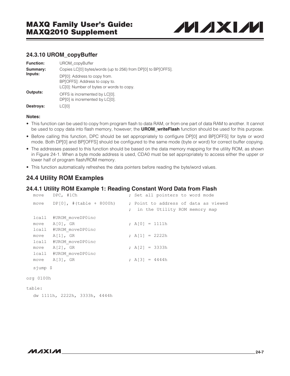 10 urom_copybuffer, 4 utility rom examples, 10 urom_copybuffer -7 | 4 utility rom examples -7, Maxq family user’s guide: maxq2010 supplement | Maxim Integrated MAXQ Family Users Guide: MAXQ2010 Supplement User Manual | Page 141 / 147