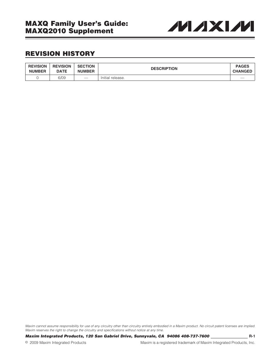 Revision history, Maxq family user’s guide: maxq2010 supplement | Maxim Integrated MAXQ Family Users Guide: MAXQ2010 Supplement User Manual | Page 147 / 147