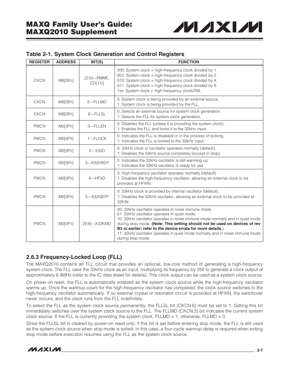 3 frequency-locked loop (fll), 3 frequency-locked loop (fll) -7, Maxq family user’s guide: maxq2010 supplement | Maxim Integrated MAXQ Family Users Guide: MAXQ2010 Supplement User Manual | Page 19 / 147