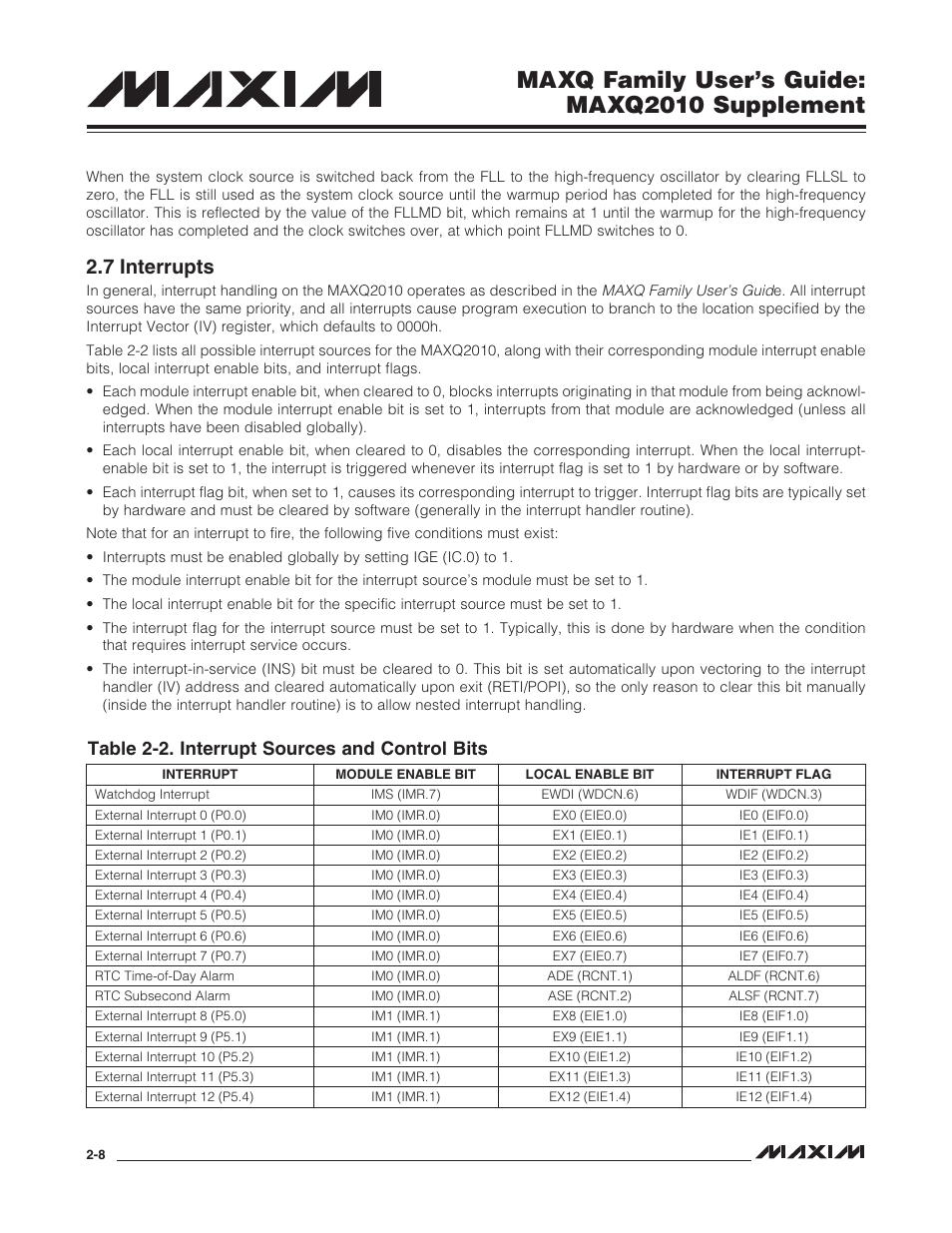 7 interrupts, 7 interrupts -8, Table 2-2. interrupt sources and control bits -8 | Maxq family user’s guide: maxq2010 supplement, Table 2-2. interrupt sources and control bits | Maxim Integrated MAXQ Family Users Guide: MAXQ2010 Supplement User Manual | Page 20 / 147
