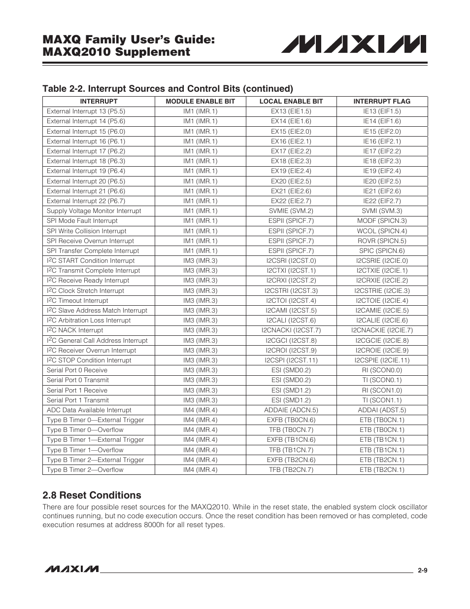 8 reset conditions, 8 reset conditions -9, Maxq family user’s guide: maxq2010 supplement | Maxim Integrated MAXQ Family Users Guide: MAXQ2010 Supplement User Manual | Page 21 / 147
