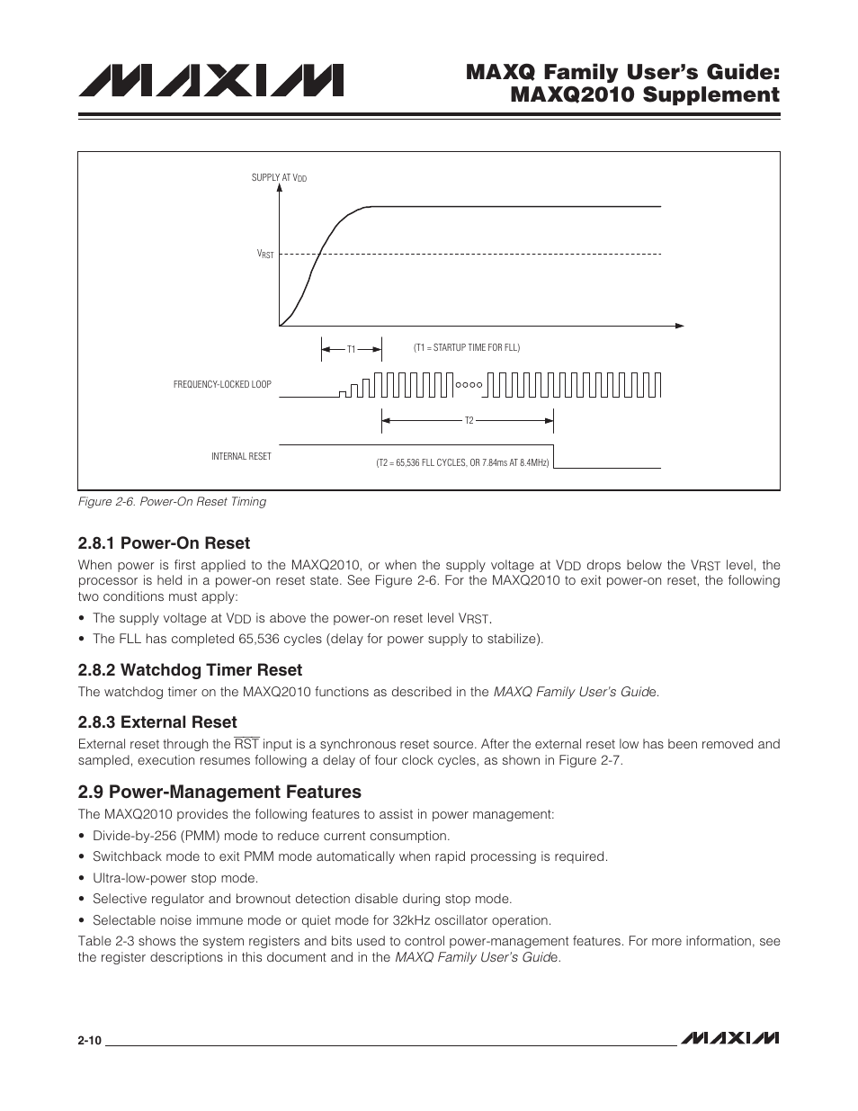 1 power-on reset, 2 watchdog timer reset, 3 external reset | 9 power-management features, 9 power-management features -10, Figure 2-6. power-on reset timing -10, Maxq family user’s guide: maxq2010 supplement | Maxim Integrated MAXQ Family Users Guide: MAXQ2010 Supplement User Manual | Page 22 / 147