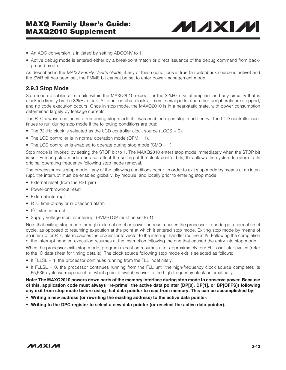 3 stop mode, 3 stop mode -13, Maxq family user’s guide: maxq2010 supplement | Maxim Integrated MAXQ Family Users Guide: MAXQ2010 Supplement User Manual | Page 25 / 147