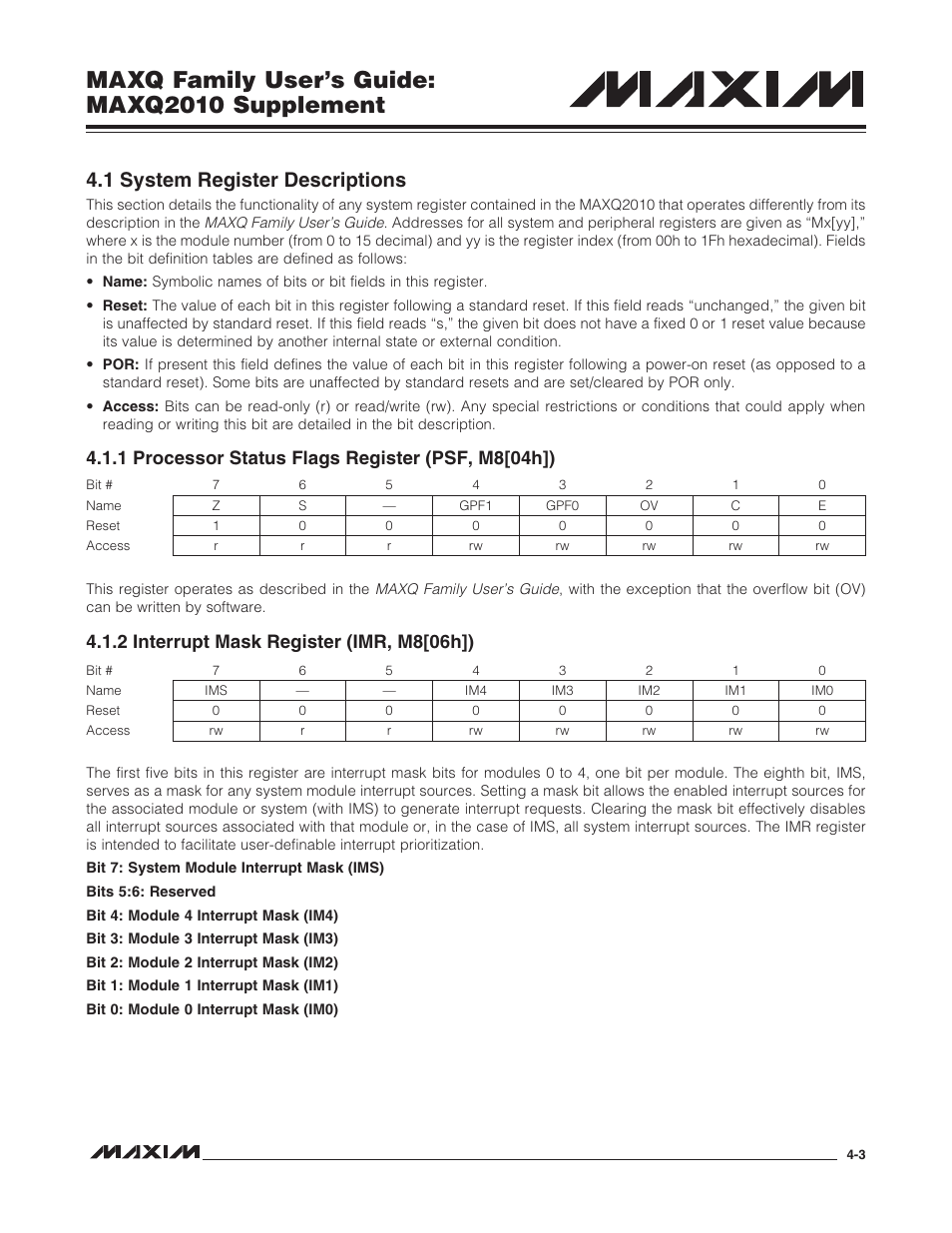 1 system register descriptions, 1 processor status flags register (psf, m8[04h]), 2 interrupt mask register (imr, m8[06h]) | 1 system register descriptions -3, Maxq family user’s guide: maxq2010 supplement | Maxim Integrated MAXQ Family Users Guide: MAXQ2010 Supplement User Manual | Page 29 / 147