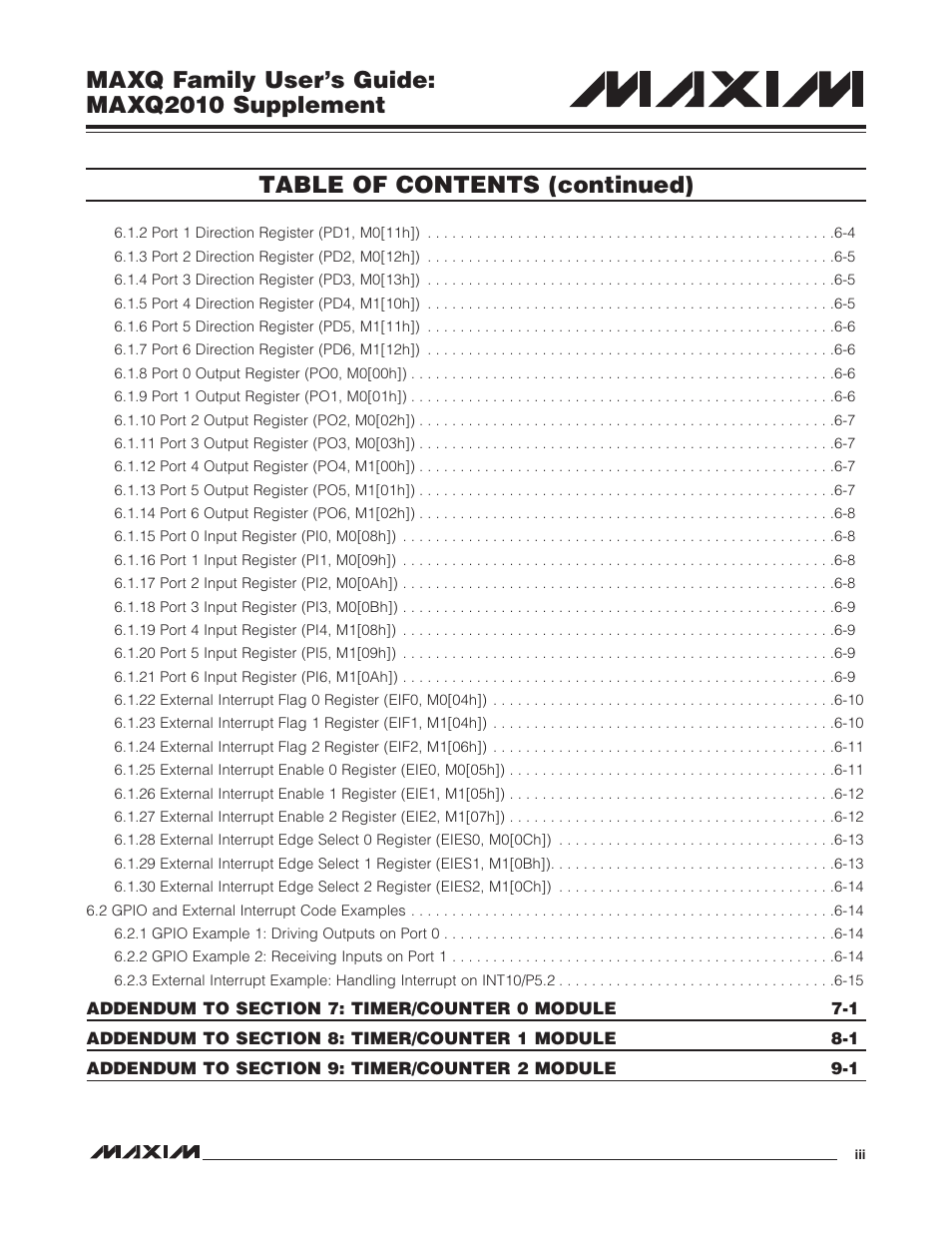 Maxq family user’s guide: maxq2010 supplement, Table of contents (continued) | Maxim Integrated MAXQ Family Users Guide: MAXQ2010 Supplement User Manual | Page 3 / 147