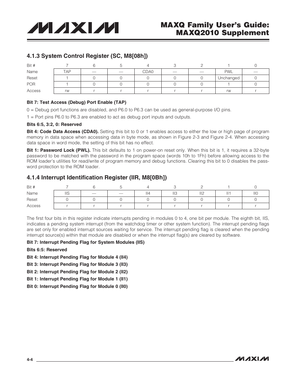 3 system control register (sc, m8[08h]), 4 interrupt identification register (iir, m8[0bh]), Maxq family user’s guide: maxq2010 supplement | Maxim Integrated MAXQ Family Users Guide: MAXQ2010 Supplement User Manual | Page 30 / 147