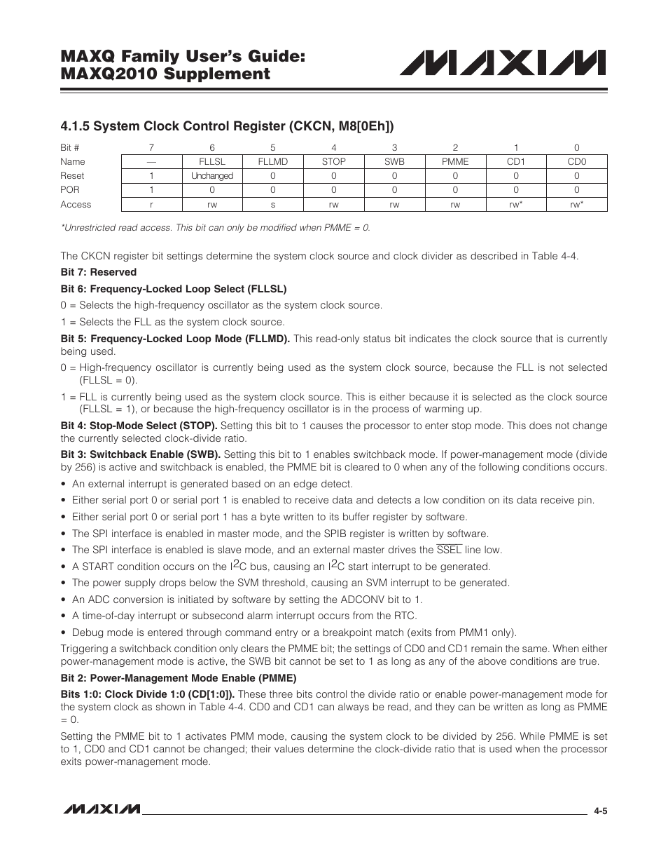 5 system clock control register (ckcn, m8[0eh]), 5 system clock control register (ckcn, m8[0eh]) -5, Maxq family user’s guide: maxq2010 supplement | Maxim Integrated MAXQ Family Users Guide: MAXQ2010 Supplement User Manual | Page 31 / 147