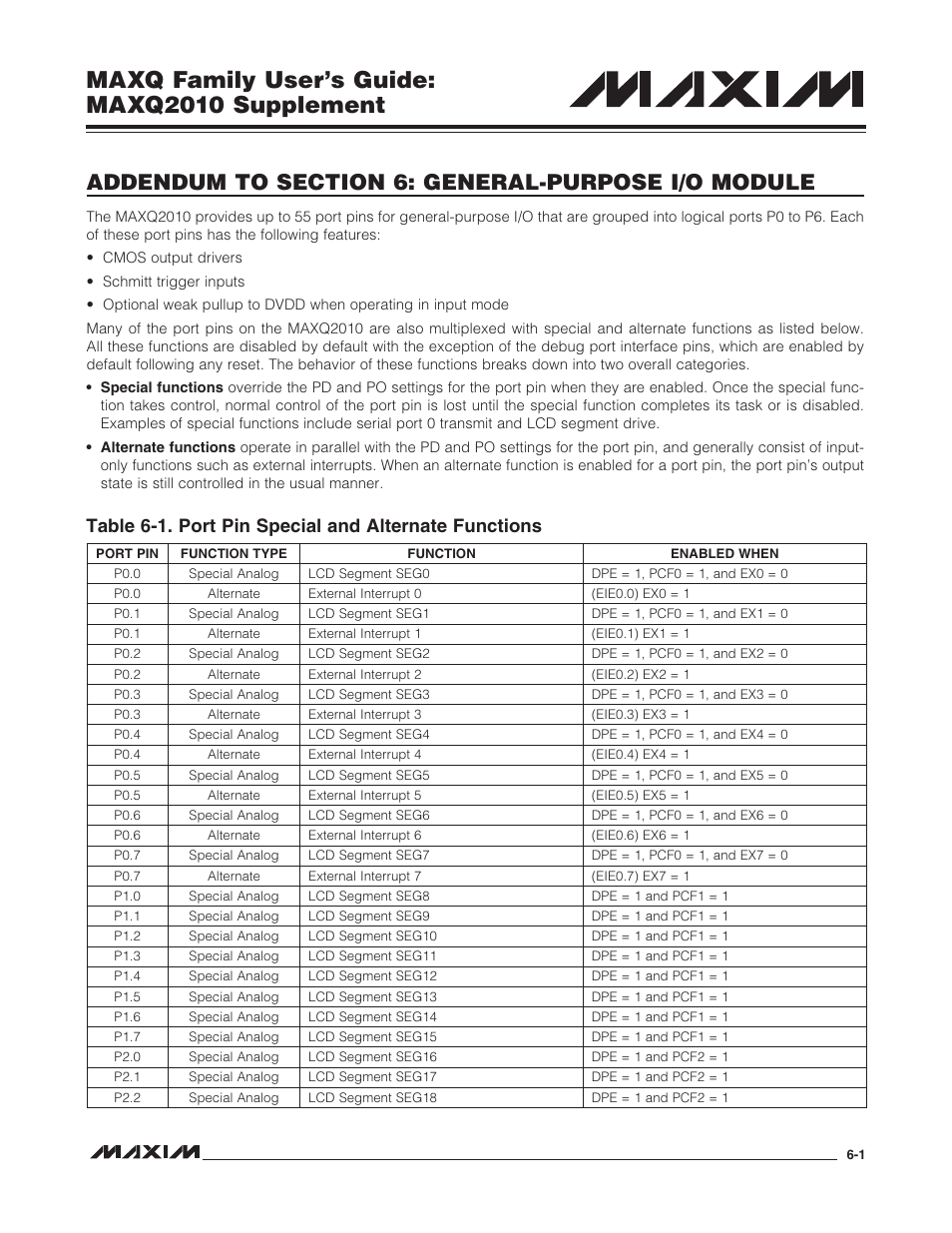 Addendum to section 6: general-purpose i/o module, Maxq family user’s guide: maxq2010 supplement | Maxim Integrated MAXQ Family Users Guide: MAXQ2010 Supplement User Manual | Page 39 / 147
