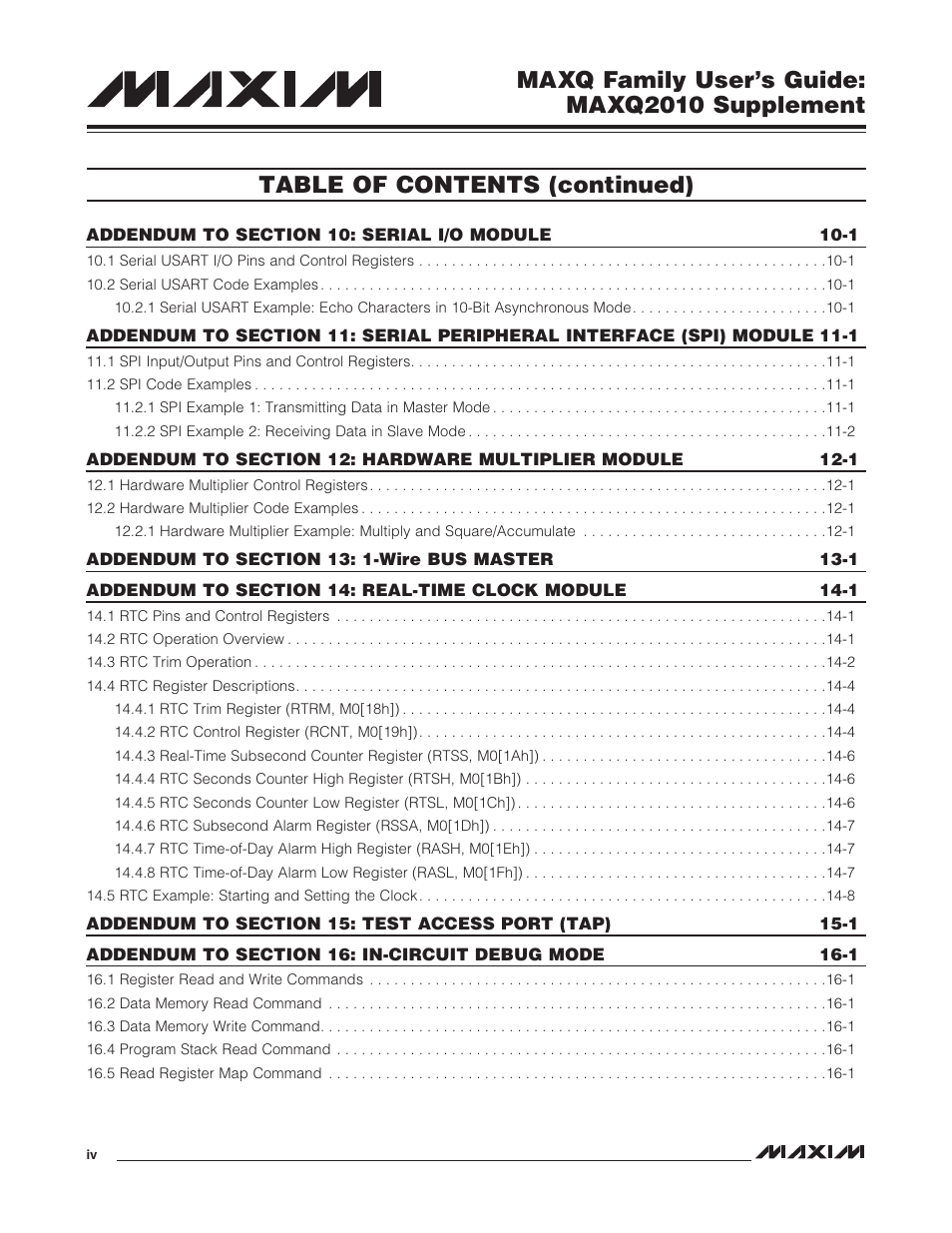 Maxq family user’s guide: maxq2010 supplement, Table of contents (continued) | Maxim Integrated MAXQ Family Users Guide: MAXQ2010 Supplement User Manual | Page 4 / 147