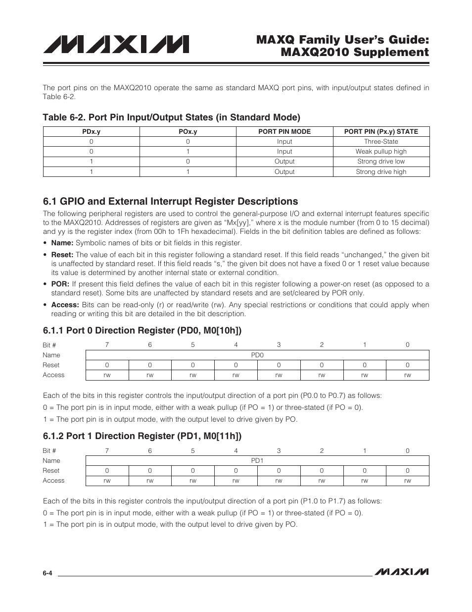 1 port 0 direction register (pd0, m0[10h]), 2 port 1 direction register (pd1, m0[11h]), 1 port 0 direction register (pd0, m0[10h]) -4 | 2 port 1 direction register (pd1, m0[11h]) -4, Maxq family user’s guide: maxq2010 supplement | Maxim Integrated MAXQ Family Users Guide: MAXQ2010 Supplement User Manual | Page 42 / 147