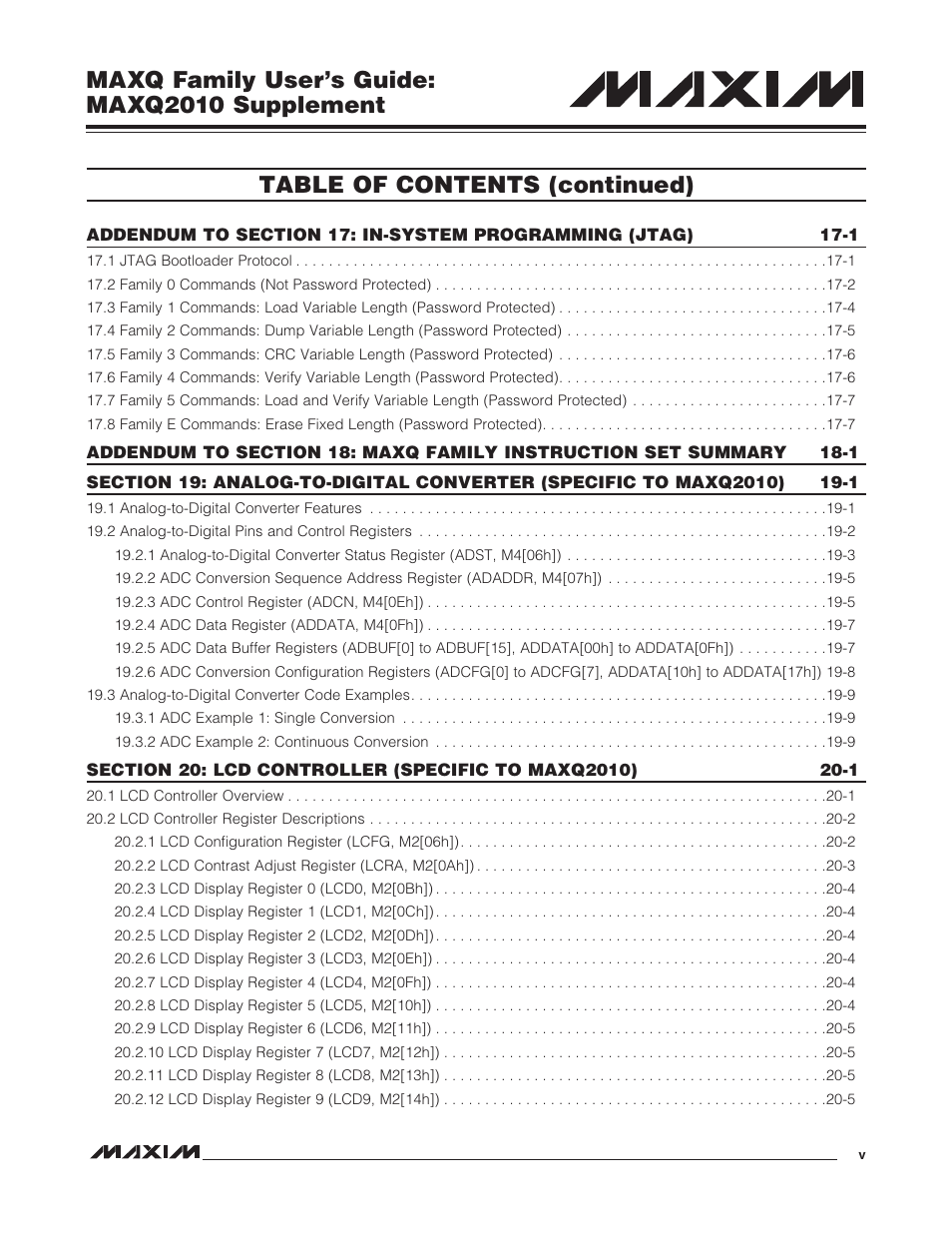 Maxq family user’s guide: maxq2010 supplement, Table of contents (continued) | Maxim Integrated MAXQ Family Users Guide: MAXQ2010 Supplement User Manual | Page 5 / 147