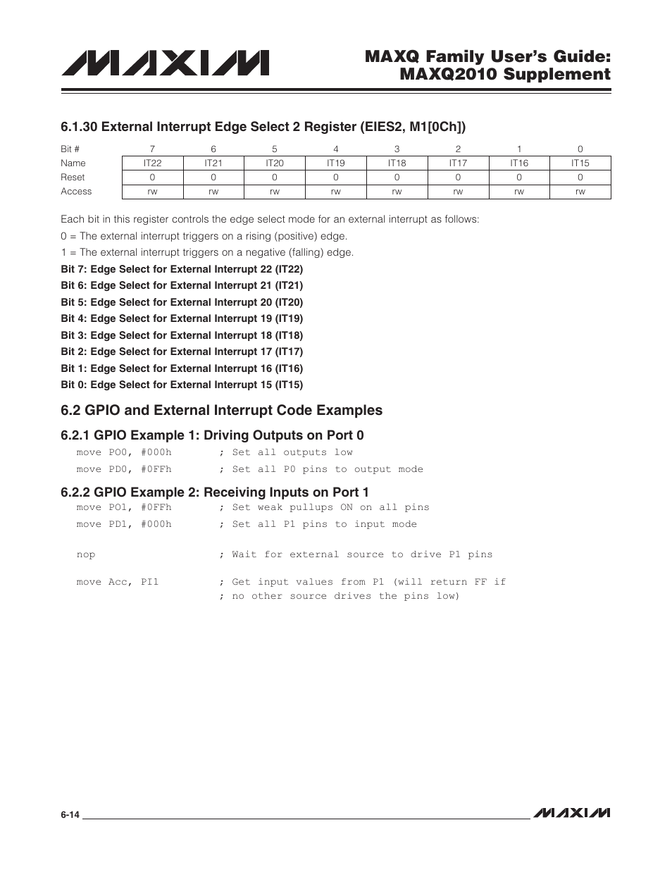 2 gpio and external interrupt code examples, 1 gpio example 1: driving outputs on port 0, 2 gpio example 2: receiving inputs on port 1 | 2 gpio and external interrupt code examples -14, Maxq family user’s guide: maxq2010 supplement | Maxim Integrated MAXQ Family Users Guide: MAXQ2010 Supplement User Manual | Page 52 / 147