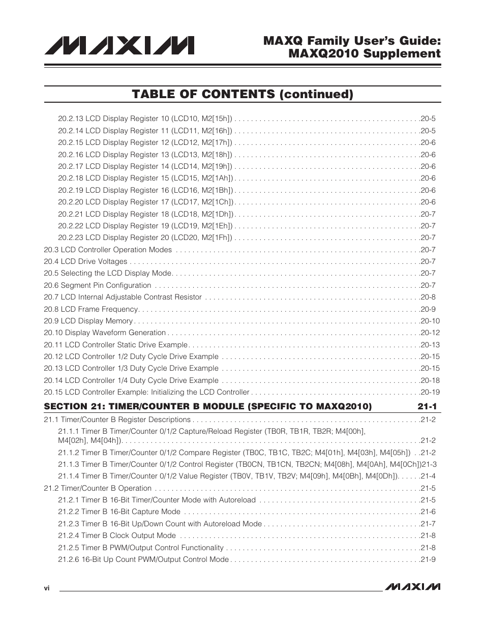 Maxq family user’s guide: maxq2010 supplement, Table of contents (continued) | Maxim Integrated MAXQ Family Users Guide: MAXQ2010 Supplement User Manual | Page 6 / 147