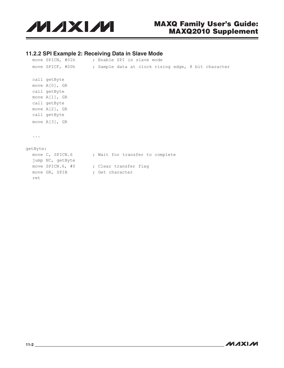 2 spi example 2: receiving data in slave mode, 2 spi example 2: receiving data in slave mode -2, Maxq family user’s guide: maxq2010 supplement | Maxim Integrated MAXQ Family Users Guide: MAXQ2010 Supplement User Manual | Page 60 / 147