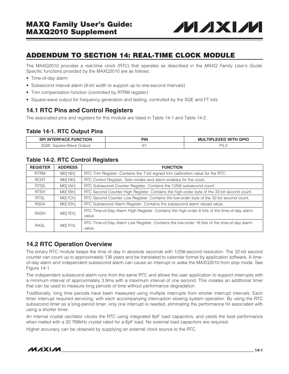 Addendum to section 14: real-time clock module, 1 rtc pins and control registers, 2 rtc operation overview | Maxq family user’s guide: maxq2010 supplement | Maxim Integrated MAXQ Family Users Guide: MAXQ2010 Supplement User Manual | Page 63 / 147