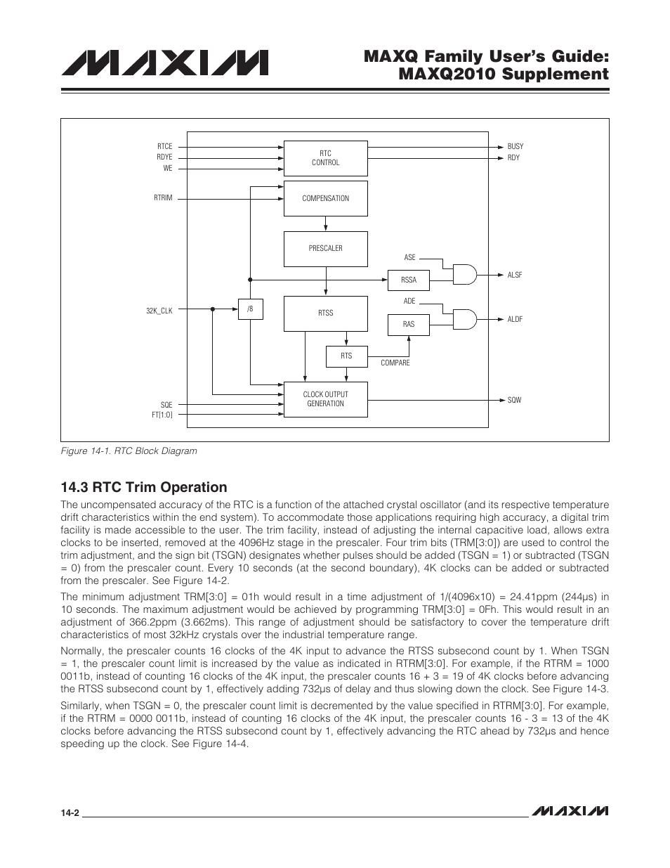 3 rtc trim operation, 3 rtc trim operation -2, Figure 14-1. rtc block diagram -2 | Maxq family user’s guide: maxq2010 supplement | Maxim Integrated MAXQ Family Users Guide: MAXQ2010 Supplement User Manual | Page 64 / 147