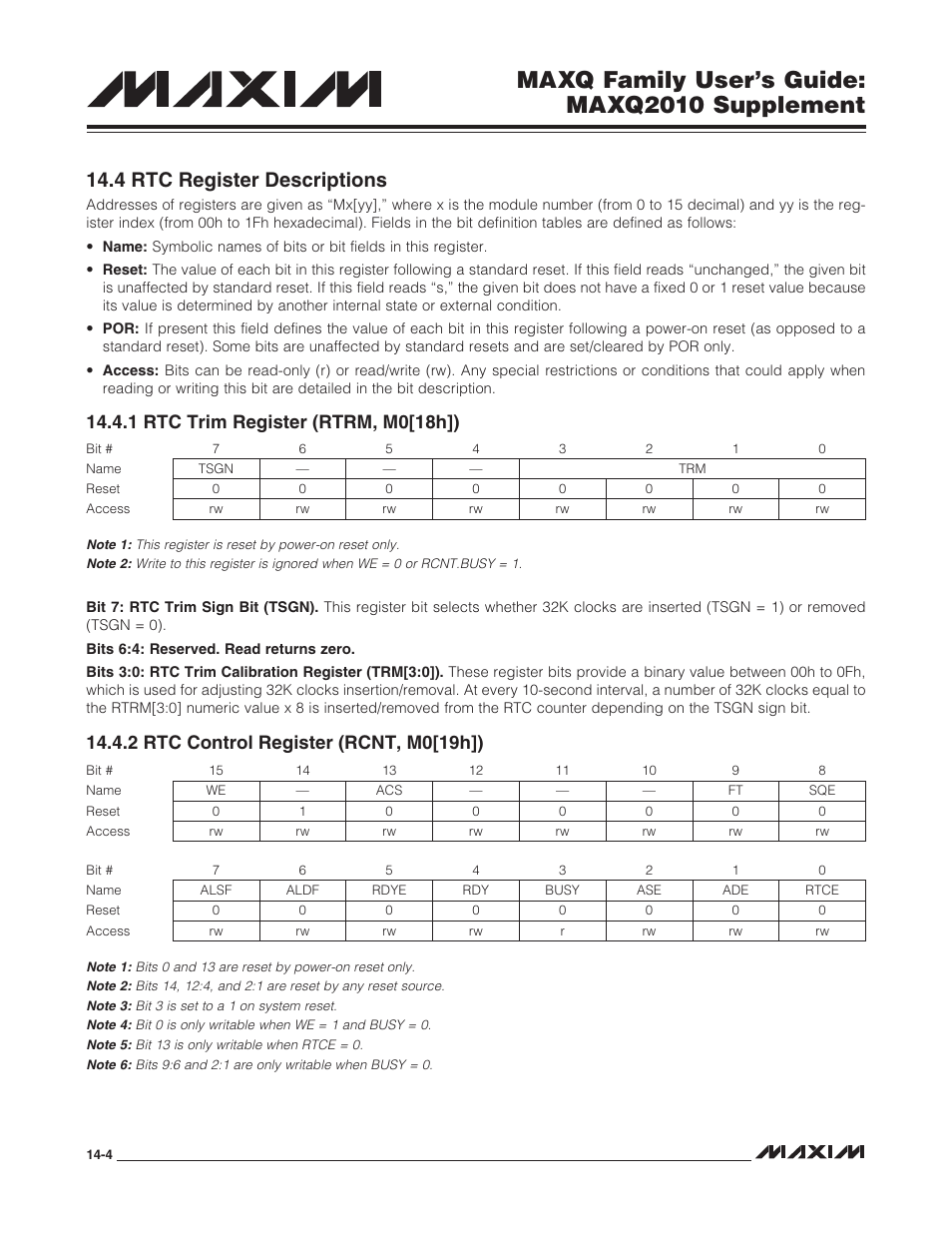 4 rtc register descriptions, 1 rtc trim register (rtrm, m0[18h]), 2 rtc control register (rcnt, m0[19h]) | 4 rtc register descriptions -4, Maxq family user’s guide: maxq2010 supplement | Maxim Integrated MAXQ Family Users Guide: MAXQ2010 Supplement User Manual | Page 66 / 147