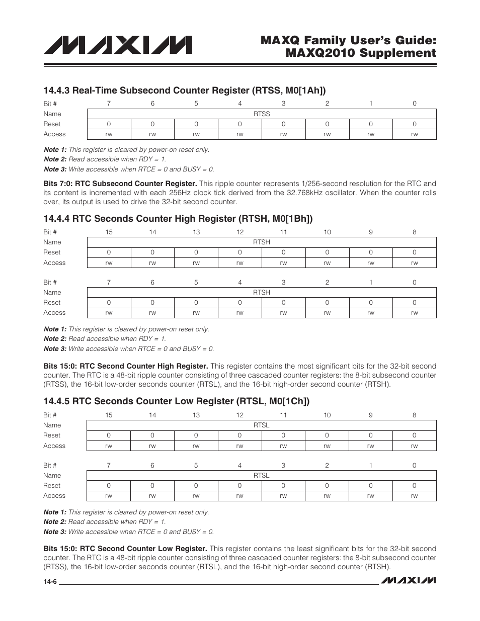 5 rtc seconds counter low register (rtsl, m0[1ch]), Maxq family user’s guide: maxq2010 supplement | Maxim Integrated MAXQ Family Users Guide: MAXQ2010 Supplement User Manual | Page 68 / 147