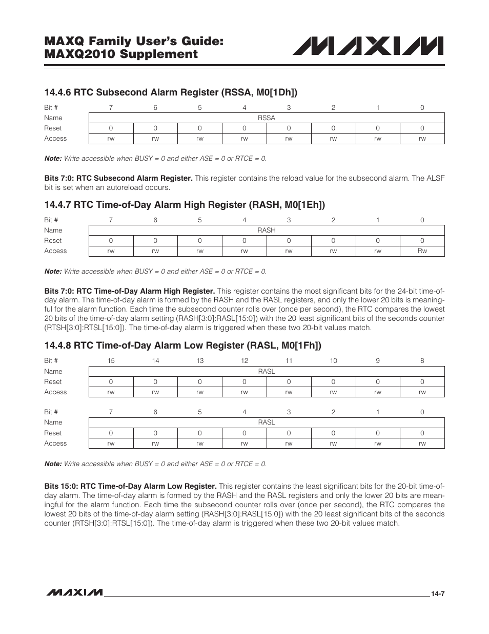 6 rtc subsecond alarm register (rssa, m0[1dh]), Maxq family user’s guide: maxq2010 supplement | Maxim Integrated MAXQ Family Users Guide: MAXQ2010 Supplement User Manual | Page 69 / 147