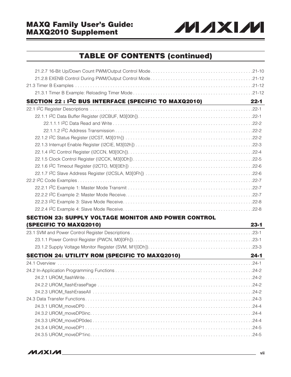 Maxq family user’s guide: maxq2010 supplement, Table of contents (continued) | Maxim Integrated MAXQ Family Users Guide: MAXQ2010 Supplement User Manual | Page 7 / 147