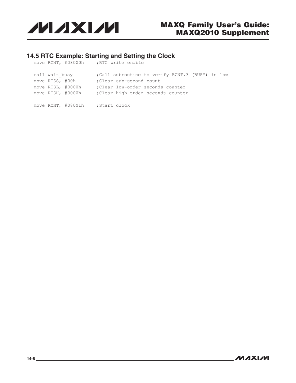 5 rtc example: starting and setting the clock, 5 rtc example: starting and setting the clock -8, Maxq family user’s guide: maxq2010 supplement | Maxim Integrated MAXQ Family Users Guide: MAXQ2010 Supplement User Manual | Page 70 / 147