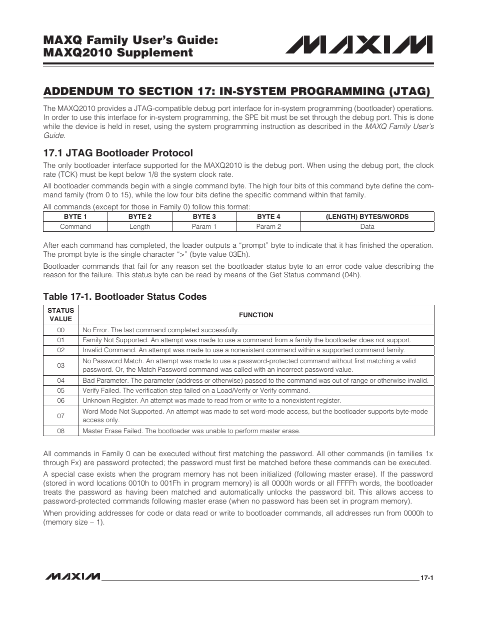 1 jtag bootloader protocol, 1 jtag bootloader protocol -1, Table 17-1. bootloader status codes -1 | Maxq family user’s guide: maxq2010 supplement, Table 17-1. bootloader status codes | Maxim Integrated MAXQ Family Users Guide: MAXQ2010 Supplement User Manual | Page 74 / 147