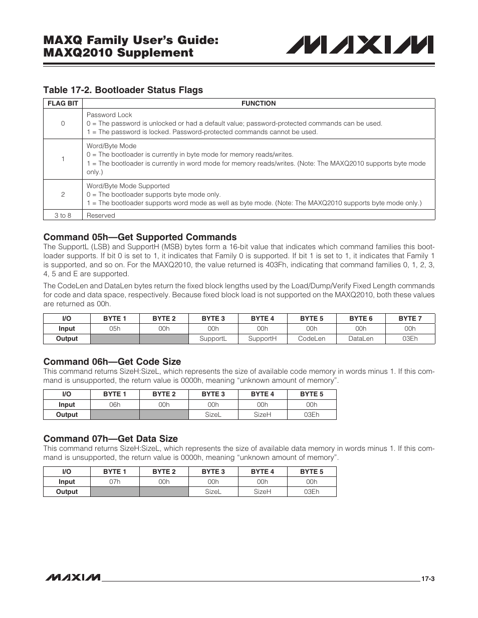 Table 17-2. bootloader status flags -3, Maxq family user’s guide: maxq2010 supplement, Command 05h—get supported commands | Command 06h—get code size, Command 07h—get data size, Table 17-2. bootloader status flags | Maxim Integrated MAXQ Family Users Guide: MAXQ2010 Supplement User Manual | Page 76 / 147