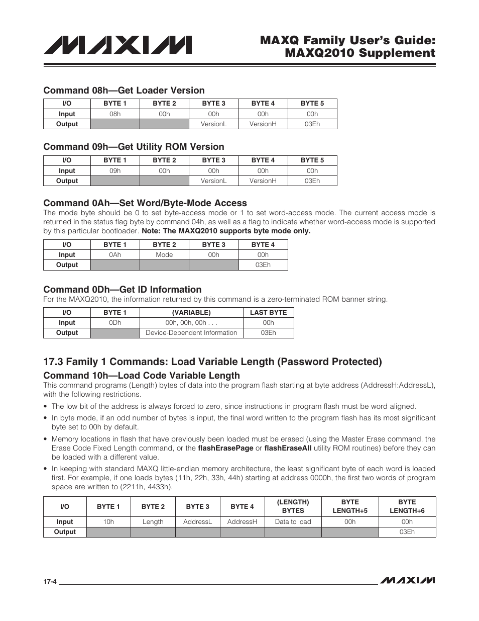 Maxq family user’s guide: maxq2010 supplement, Command 0dh—get id information, Command 10h—load code variable length | Maxim Integrated MAXQ Family Users Guide: MAXQ2010 Supplement User Manual | Page 77 / 147