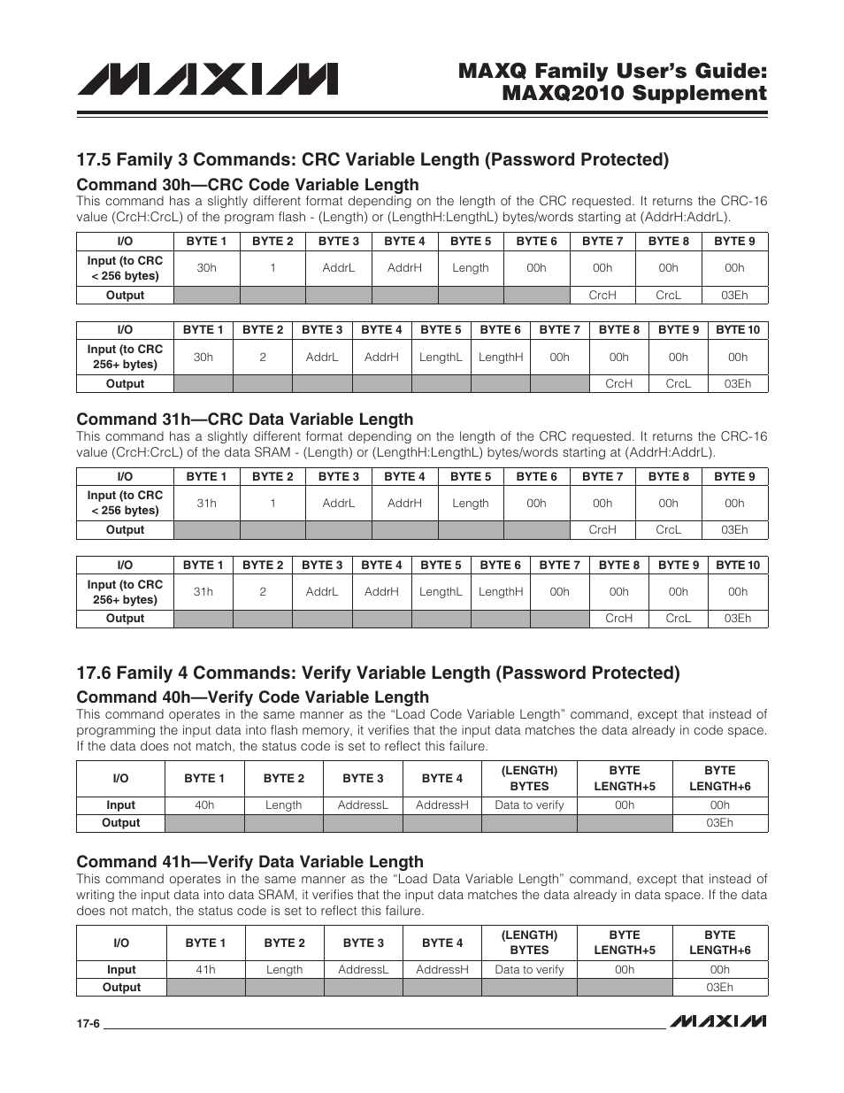 Maxq family user’s guide: maxq2010 supplement, Command 30h—crc code variable length, Command 31h—crc data variable length | Command 40h—verify code variable length, Command 41h—verify data variable length | Maxim Integrated MAXQ Family Users Guide: MAXQ2010 Supplement User Manual | Page 79 / 147