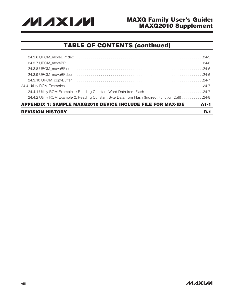 Maxq family user’s guide: maxq2010 supplement, Table of contents (continued) | Maxim Integrated MAXQ Family Users Guide: MAXQ2010 Supplement User Manual | Page 8 / 147