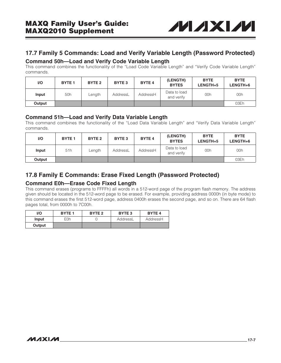 Maxq family user’s guide: maxq2010 supplement, Command 50h—load and verify code variable length, Command 51h—load and verify data variable length | Command e0h—erase code fixed length | Maxim Integrated MAXQ Family Users Guide: MAXQ2010 Supplement User Manual | Page 80 / 147