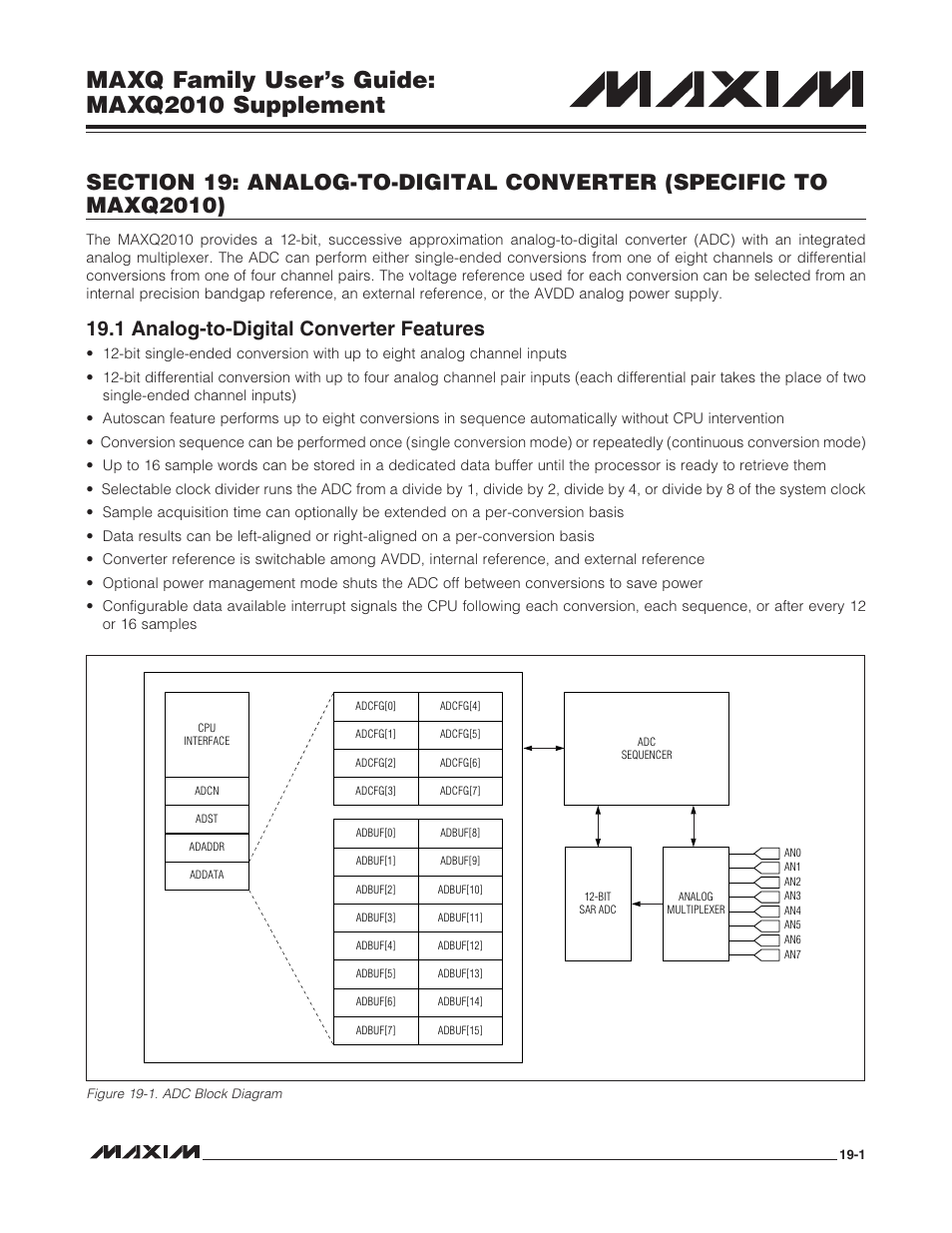1 analog-to-digital converter features, 1 analog-to-digital converter features -1, Figure 19-1. adc block diagram -1 | Maxq family user’s guide: maxq2010 supplement | Maxim Integrated MAXQ Family Users Guide: MAXQ2010 Supplement User Manual | Page 83 / 147