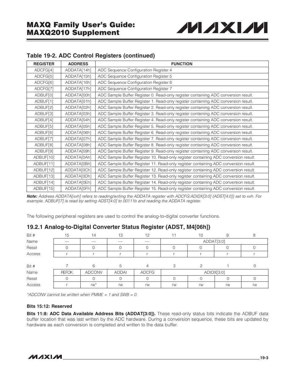 Maxq family user’s guide: maxq2010 supplement, Table 19-2. adc control registers (continued) | Maxim Integrated MAXQ Family Users Guide: MAXQ2010 Supplement User Manual | Page 85 / 147