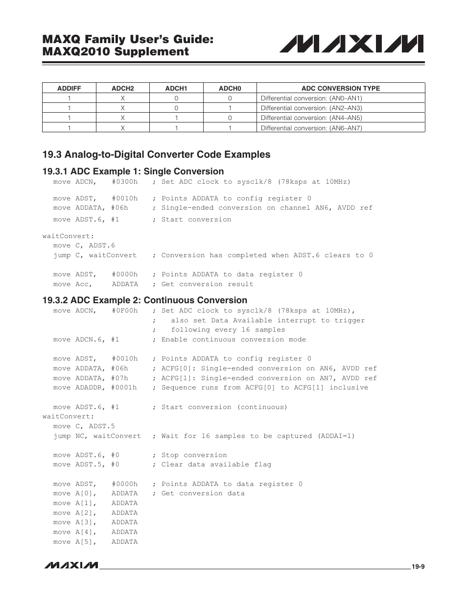 3 analog-to-digital converter code examples, 1 adc example 1: single conversion, 2 adc example 2: continuous conversion | 3 analog-to-digital converter code examples -9, Maxq family user’s guide: maxq2010 supplement | Maxim Integrated MAXQ Family Users Guide: MAXQ2010 Supplement User Manual | Page 91 / 147