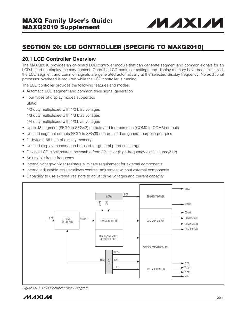Section 20: lcd controller (specific to maxq2010), 1 lcd controller overview, 1 lcd controller overview -1 | Figure 20-1. lcd controller block diagram -1, Maxq family user’s guide: maxq2010 supplement | Maxim Integrated MAXQ Family Users Guide: MAXQ2010 Supplement User Manual | Page 93 / 147