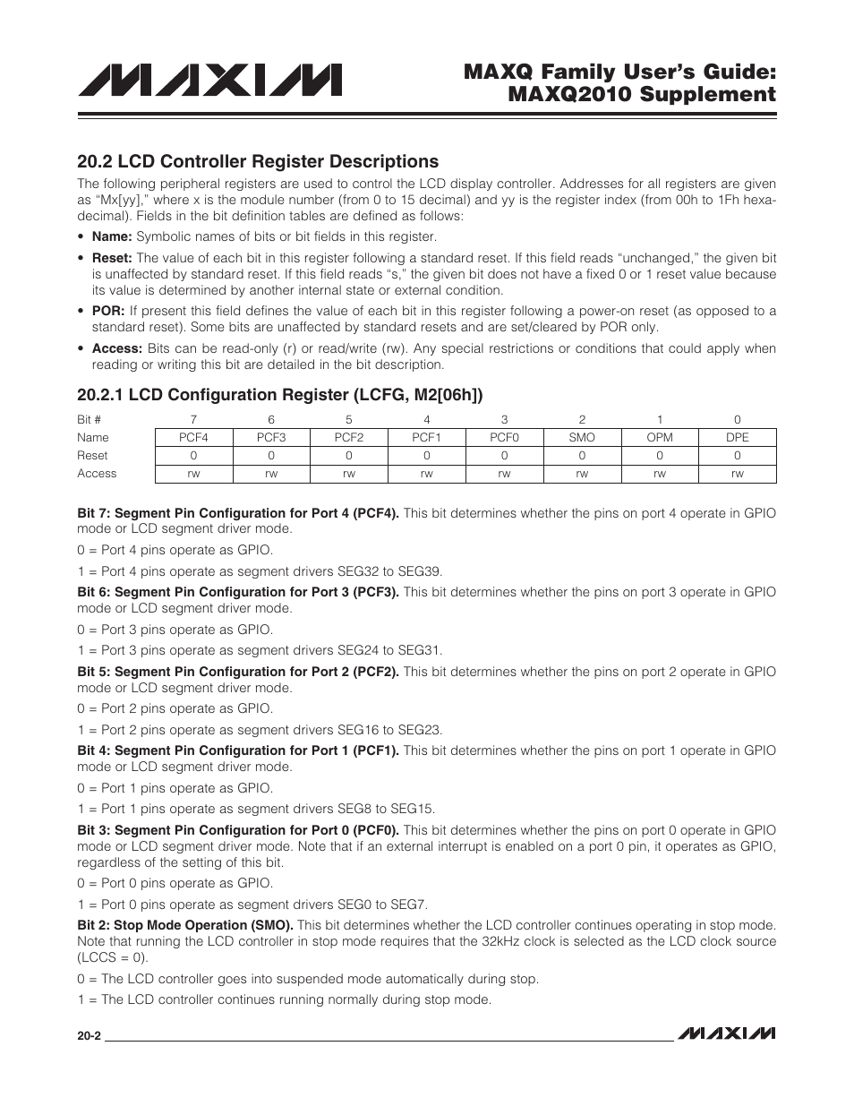 2 lcd controller register descriptions, 1 lcd configuration register (lcfg, m2[06h]), 2 lcd controller register descriptions -2 | 1 lcd configuration register (lcfg, m2[06h]) -2, Maxq family user’s guide: maxq2010 supplement | Maxim Integrated MAXQ Family Users Guide: MAXQ2010 Supplement User Manual | Page 94 / 147