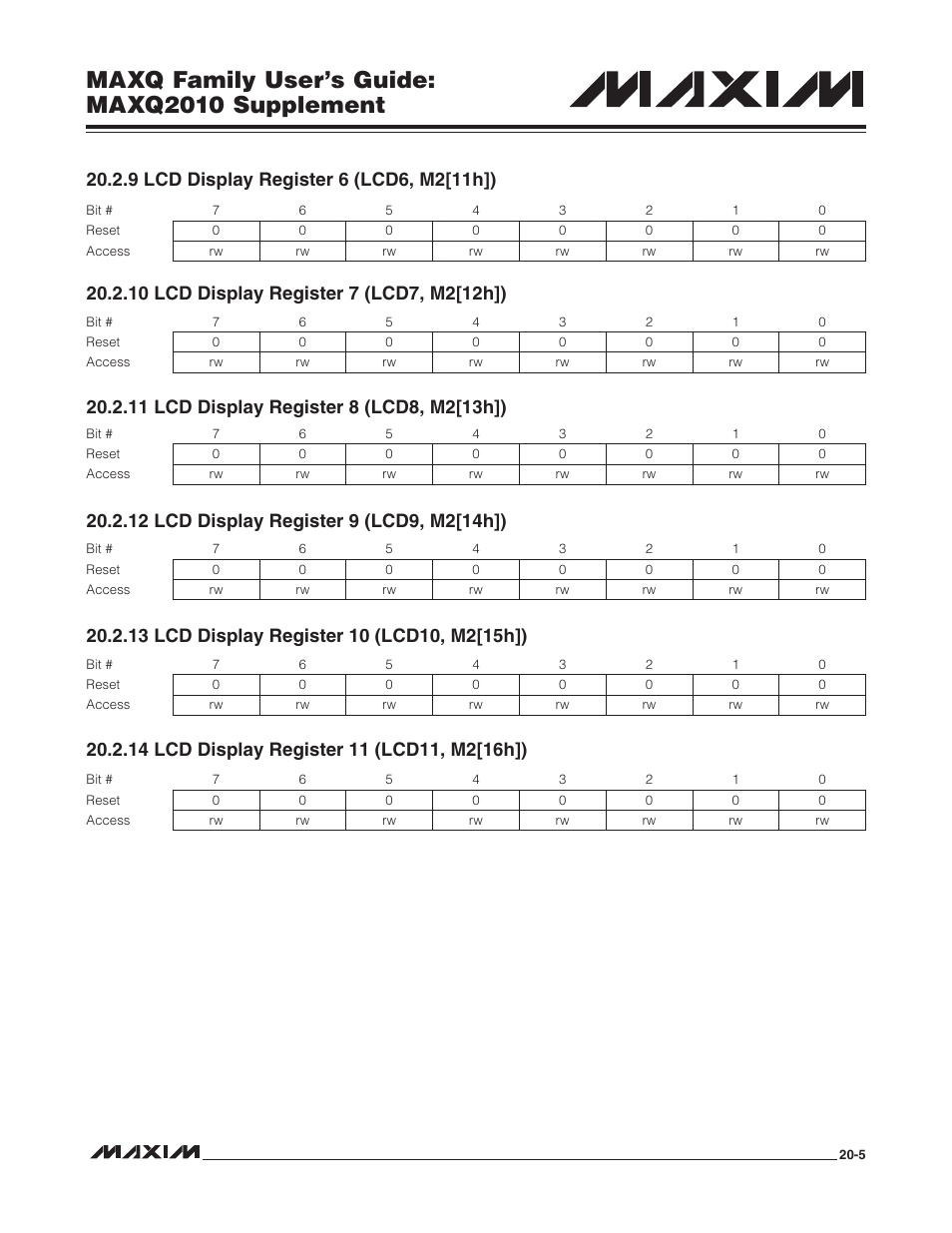 9 lcd display register 6 (lcd6, m2[11h]), 10 lcd display register 7 (lcd7, m2[12h]), 11 lcd display register 8 (lcd8, m2[13h]) | 12 lcd display register 9 (lcd9, m2[14h]), 13 lcd display register 10 (lcd10, m2[15h]), 14 lcd display register 11 (lcd11, m2[16h]), Maxq family user’s guide: maxq2010 supplement | Maxim Integrated MAXQ Family Users Guide: MAXQ2010 Supplement User Manual | Page 97 / 147