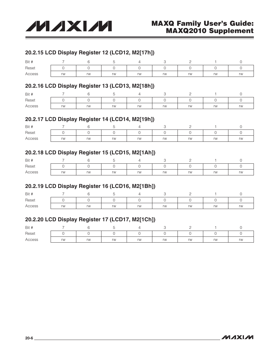 15 lcd display register 12 (lcd12, m2[17h]), 16 lcd display register 13 (lcd13, m2[18h]), 17 lcd display register 14 (lcd14, m2[19h]) | 18 lcd display register 15 (lcd15, m2[1ah]), 19 lcd display register 16 (lcd16, m2[1bh]), 20 lcd display register 17 (lcd17, m2[1ch]), Maxq family user’s guide: maxq2010 supplement | Maxim Integrated MAXQ Family Users Guide: MAXQ2010 Supplement User Manual | Page 98 / 147