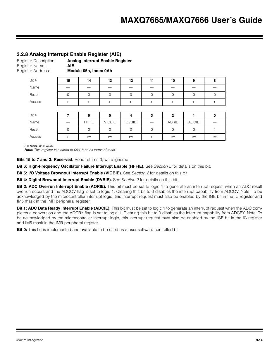 8 analog interrupt enable register (aie) -14, 8 analog interrupt enable register (aie) | Maxim Integrated MAXQ7666 User Manual | Page 104 / 386