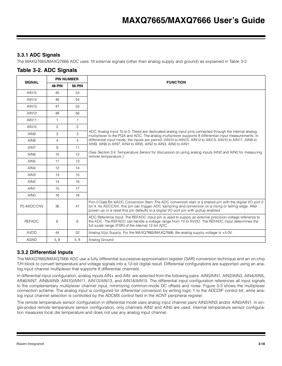 1 adc signals -18, 2 differential inputs -18, Table 3-2. adc signals -18 | Table 3-2. adc signals, 1 adc signals, 2 differential inputs | Maxim Integrated MAXQ7666 User Manual | Page 108 / 386